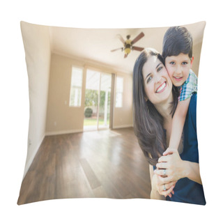 Personality  Young Mother And Son Inside Empty Room With Wood Floors. Pillow Covers