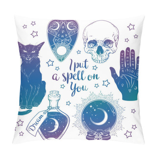 Personality  Magic Set - Planchette, Skull, Palmistry Hand, Crystal Ball, Bottle And Black Cat Hand Drawn Art Isolated. Ink Style Boho Chic Sticker, Patch, Flash Tattoo Or Print Design Vector Illustration Pillow Covers