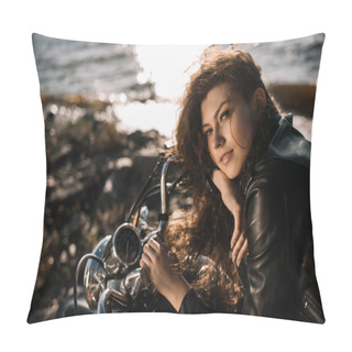 Personality  Beautiful Girl Sitting On Classical Motorcycle Pillow Covers