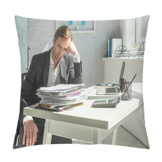 Personality  Disappointed Businessman Sitting On Office Chair Leaning On Table With Pile Of Documents Pillow Covers