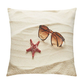 Personality  Brown Stylish Sunglasses On Sand With Red Starfish Pillow Covers