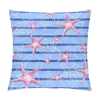Personality  Watercolor Drawing Of A Seamless Pattern On A Marine Theme And On A Zodiac Sign, Cancer, Lobster, River Crayfish, Starfish, Detailed Illustration, Blue Stripes, Waves, Close-up, On A White Background  Pillow Covers