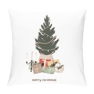 Personality  Christmas Tree With Toys Gifts And Candlestick. Winter Holiday New Year Season Card. Vector Illustration In Hand Drawn Cartoon Flat Style Pillow Covers