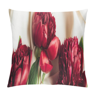 Personality  Top View Of Bouquet Of Red Peonies On White Cloth, Panoramic Shot Pillow Covers