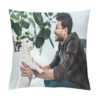 Personality  Side View Of Handsome And Smiling Bi-racial Man Holding Jack Russell Terrier Pillow Covers
