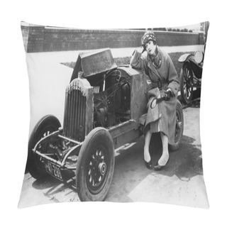 Personality  Young Woman Sitting Next To Small Car Looking At The Engine In Disbelieve Pillow Covers