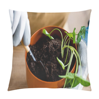Personality  Cropped View Of Young Woman In Gloves Holding Small Shovel With Ground While Transplanting Plant  Pillow Covers