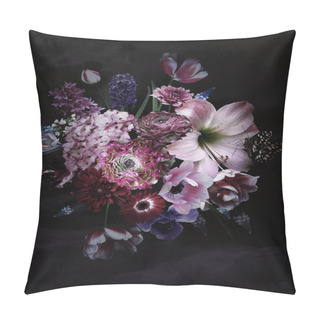 Personality  Bouquet Of Beautiful Spring Garden Flowers On Black. Pillow Covers