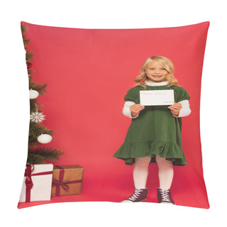Personality  Smiling Girl With Letter To Santa Clause Near Presents Under Christmas Tree On Red Pillow Covers