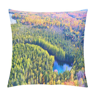 Personality  Aerial View Of Autumnal Transition In Michigan Forest With Secluded Cabin By Tranquil Lake, Captured By DJI Phantom 4 Drone Pillow Covers
