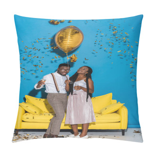 Personality  Happy Young African American Couple Holding Glasses Of Champagne And Golden Balloon Pillow Covers