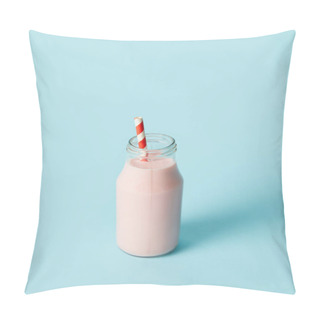 Personality  Closeup View Of Strawberry Milkshake In Bottle With Drinking Straw On Blue Background  Pillow Covers