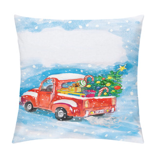 Personality  Red Car And Christmas Tree On Snow. Child Drawing Pillow Covers
