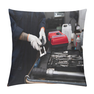 Personality  Cropped View Of Handywoman Holding Tool Near Wrenches In Car Service Pillow Covers