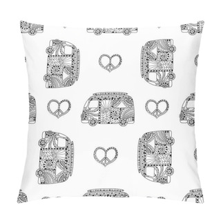Personality  Seamless Pattern With Black And White Hippie Camper Bus And Symbol Peacel In Zentangle Style. Pillow Covers