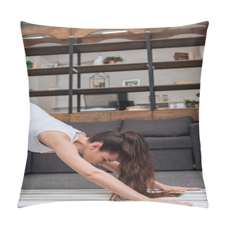Personality  Selective Focus Of Young Woman Practicing Downward Facing Dog Pose At Home  Pillow Covers