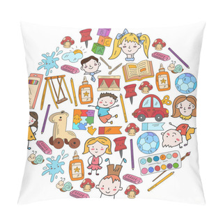 Personality  Kindergarten. Vector Pattern With Toys And Small Children. Preschool Education. Pillow Covers