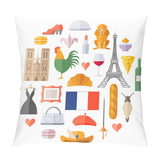Personality  Traditional French Symbol In Flat Style. Set Of Vector Icons On France Theme. French Souvenirs, Accessories And Attributes. Pillow Covers