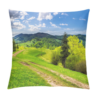 Personality  Road On Hillside Meadow In Mountain At Sunrise Pillow Covers