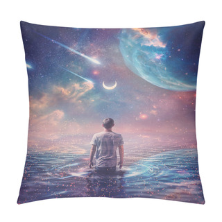 Personality  Wandering In The Ocean Of Space. Wonderful Cosmic Background, Surreal Scene, Starry Night Sky On Another Planet And A Person Walks In The Water Watching The Crescent Moon, Meteor Shower And Nebulas Pillow Covers