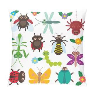 Personality  Funny Insects Set Spider Butterfly Caterpillar Dragonfly Mantis Beetle Wasp Ladybugs On White Background With Flowers And Leaves. Vector Pillow Covers
