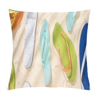 Personality  Panoramic Shot Of Scattered White, Turquoise, Green And Blue Flip Flops On Sand Pillow Covers
