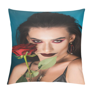 Personality  Young Woman With Dark Makeup Looking At Camera Near Red Rose On Blue Pillow Covers