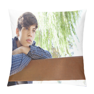 Personality  Boy Sitting And Relaxing On A Park Wooden Bench Pillow Covers