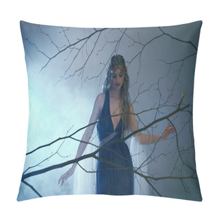 Personality  A Young Woman With Elf Princess Vibes Stands Gracefully In Front Of A Tree, Wearing A Stunning Blue Dress. Pillow Covers