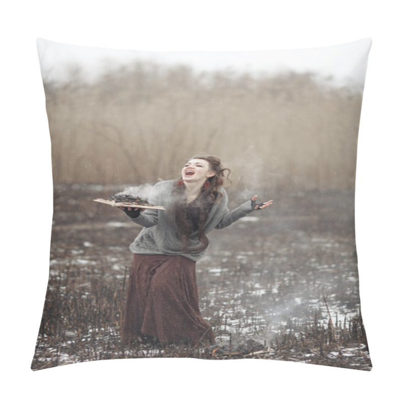Personality  Wicked Witch Casting Magic Spells On The Burnt Field. Pillow Covers