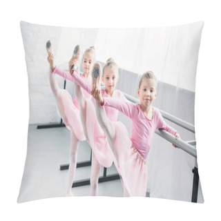 Personality  Adorable Kids In Pink Tutu Skirts Practicing Ballet And Looking At Camera In Ballet School Pillow Covers