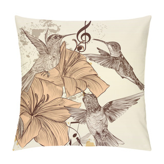 Personality  Vintage Vector Background With Birds And Flowers Pillow Covers
