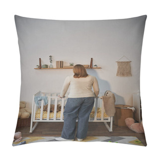 Personality  Back View Of Grieving And Depressed Woman Near Crib With Soft Toys Un Dark Nursery Room At Home Pillow Covers