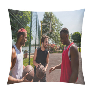 Personality  Smiling Man Holding Basketball Near African American Friends On Playground  Pillow Covers