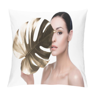 Personality  Woman With Big Golden Leaf Pillow Covers