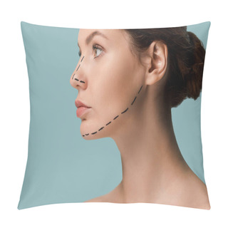 Personality  Young Naked Woman With Marked Lines On Face Looking Away Isolated On Blue  Pillow Covers