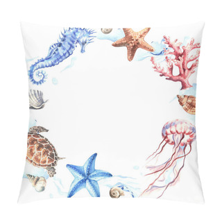 Personality  Round Frame Of Marine Animals And Shells. Wreath Of Underwater Objects Isolated On White. Hand Drawn Watercolour. Clip Art. For Posters, T-shirts, Textile And Ceramic Souvenirs, Postcards, Stickers Pillow Covers