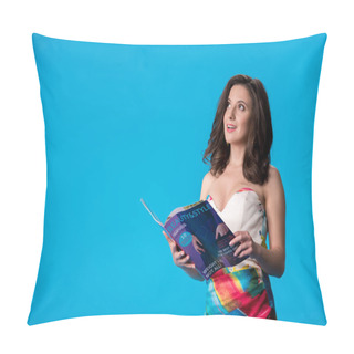 Personality  Dreamy Elegant Young Woman In Dress Holding Style And Beauty Magazine Isolated On Blue Pillow Covers