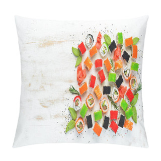 Personality  Sushi Set On White Wooden Background. Set Of Colored Sushi With Seafood. Traditional Japanese Cuisine. Pillow Covers