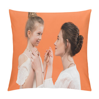 Personality  Motherly Love, Caring Woman Holding Hands With Her Daughter On Orange Background, Modern Parenting, Summer Fashion, White Sun Dresses, Togetherness, Love, Female Bonding  Pillow Covers