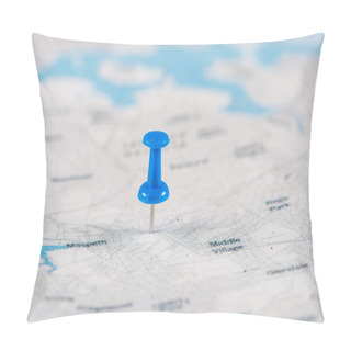 Personality  Close-up Shot Of Blue Pin On Travel Map Pillow Covers