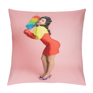Personality  Full Length Of Flirty Housewife In Red Corset Dress And Hair Curlers Posing With Colorful Dust Brush On Pink  Pillow Covers