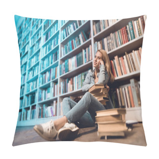 Personality  White Girl Sitting Near Bookshelves In Library At Night Pillow Covers