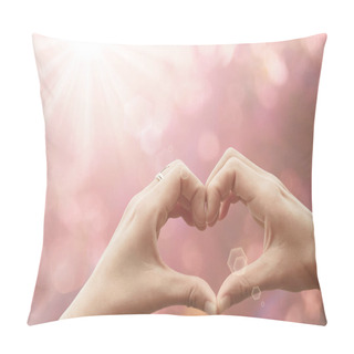 Personality  Female Hands Heart Shape On Nature Pink Bokeh Sun Light Flare And Blur Flower Abstract Texture Background.  Pillow Covers