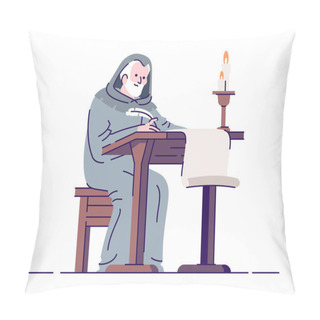 Personality  Medieval Chronicler With Manuscript Flat Vector Illustration. Middle Age Annalist Isolated Cartoon Characters With Outline Elements On White Background. Ancient Literacy And Education Pillow Covers