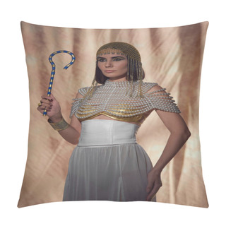 Personality  Elegant Woman In Egyptian Look And Pearl Top Holding Traditional Crook On Abstract Background Pillow Covers