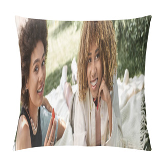 Personality  African American Woman With Fresh Strawberry Near Girlfriend Smiling At Camera, Summer Park, Banner Pillow Covers