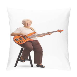 Personality Elderly Female Guitarist With An Electric Bass Guitar Sitting On Pillow Covers