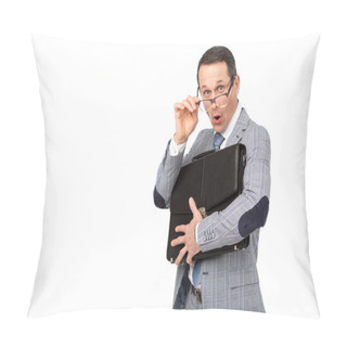 Personality  Shocked Adult Businessman With Briefcase Looking At Camera Over Glasses Isolated On White Pillow Covers