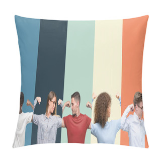 Personality Group Of People Over Vintage Colors Background Showing Arms Muscles Smiling Proud. Fitness Concept. Pillow Covers